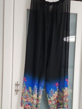 Black Sheer Palazzo Pants with Blue Floral Hem